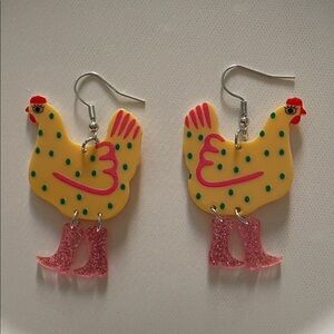 Quirky Chicken Earrings with Pink Glitter Boots